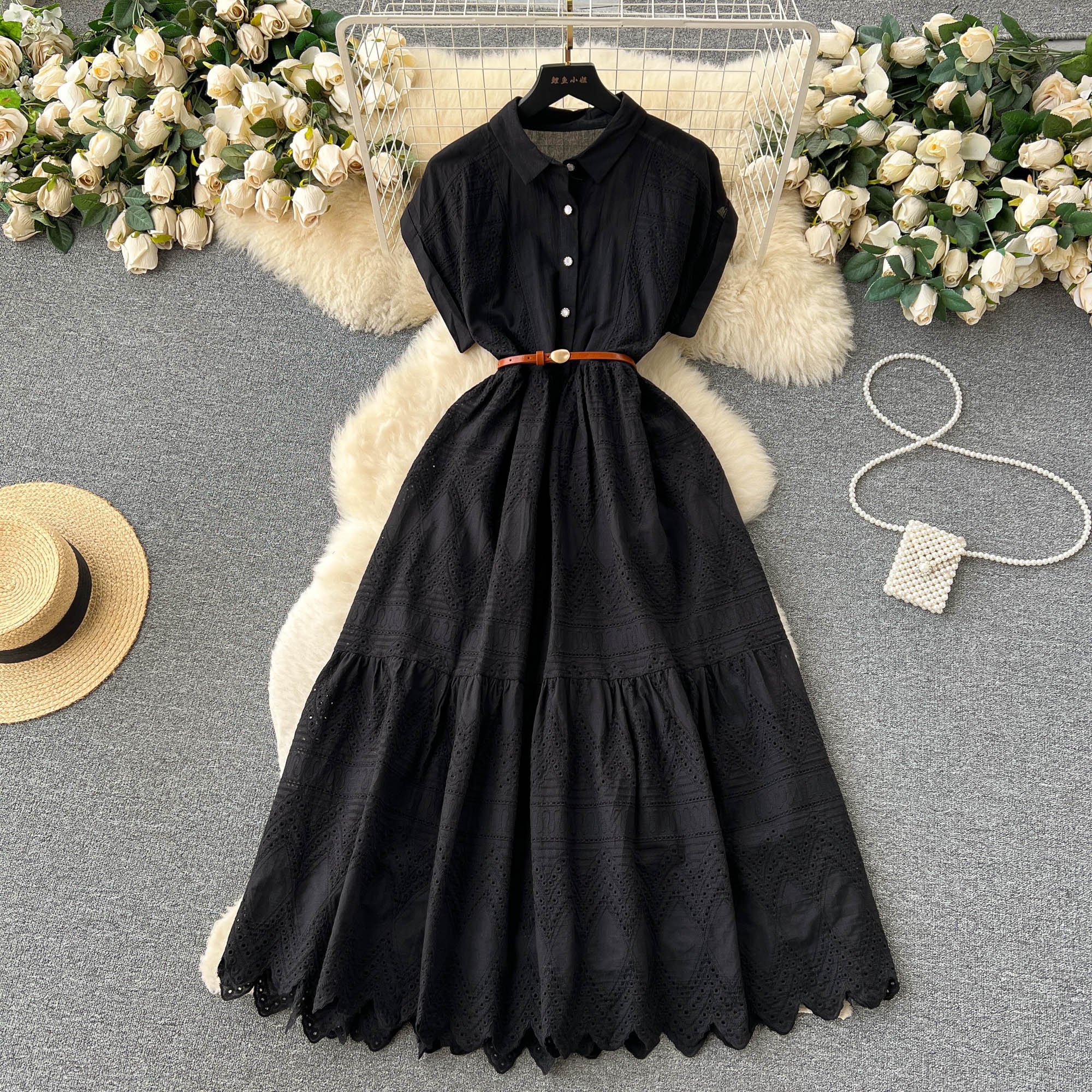 LE2233 Wholesale Summer Single-Breasted Loose Belted Long Dresses Women Drawstring Pleated Shirt Collar Splicing Long Dresses