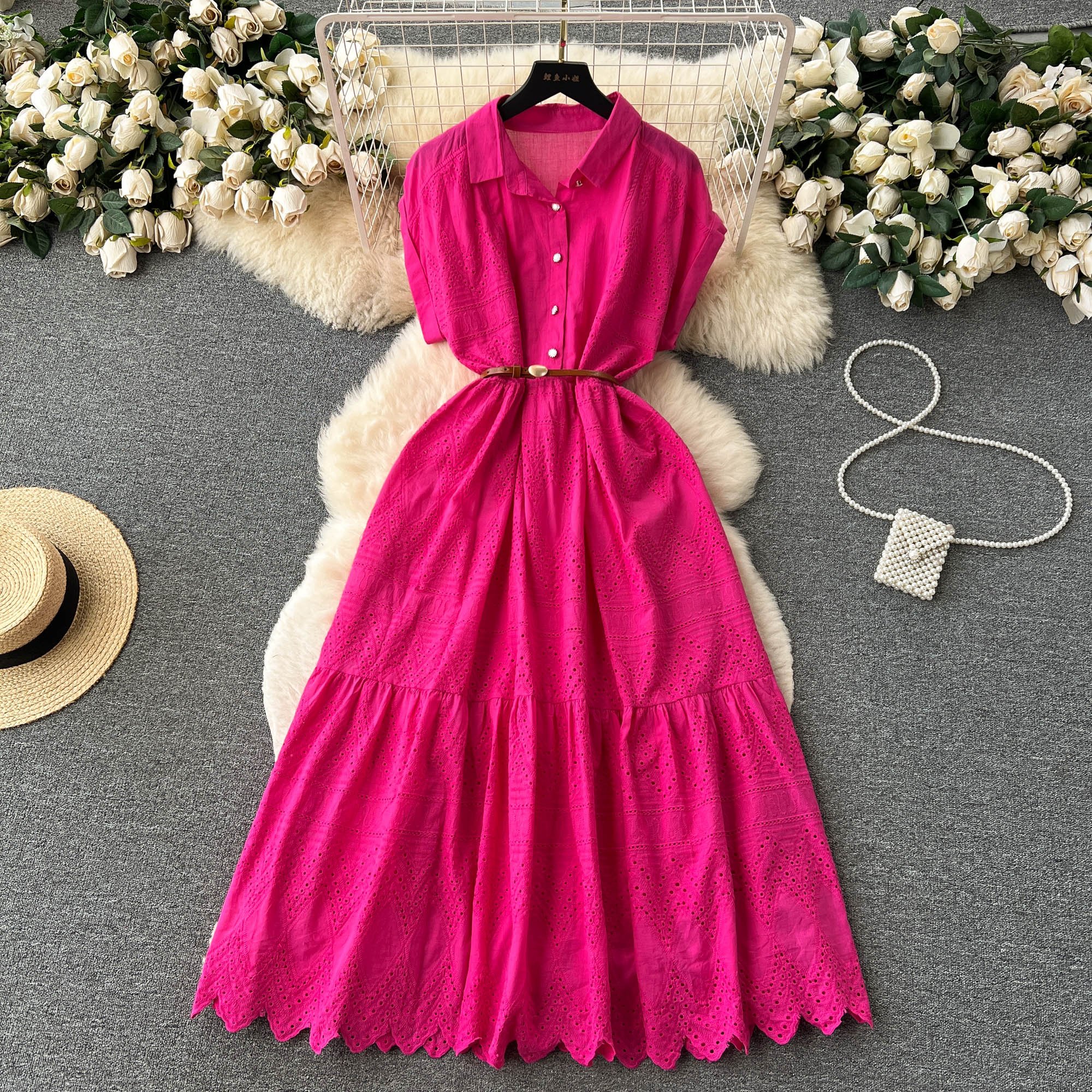 LE2233 Wholesale Summer Single-Breasted Loose Belted Long Dresses Women Drawstring Pleated Shirt Collar Splicing Long Dresses