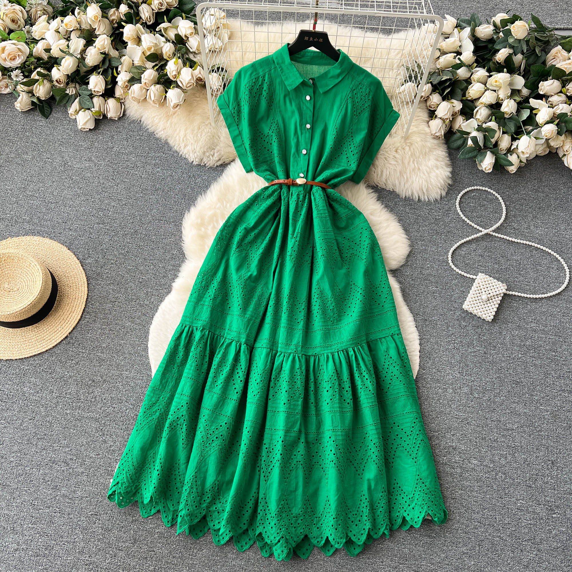 LE2233 Wholesale Summer Single-Breasted Loose Belted Long Dresses Women Drawstring Pleated Shirt Collar Splicing Long Dresses