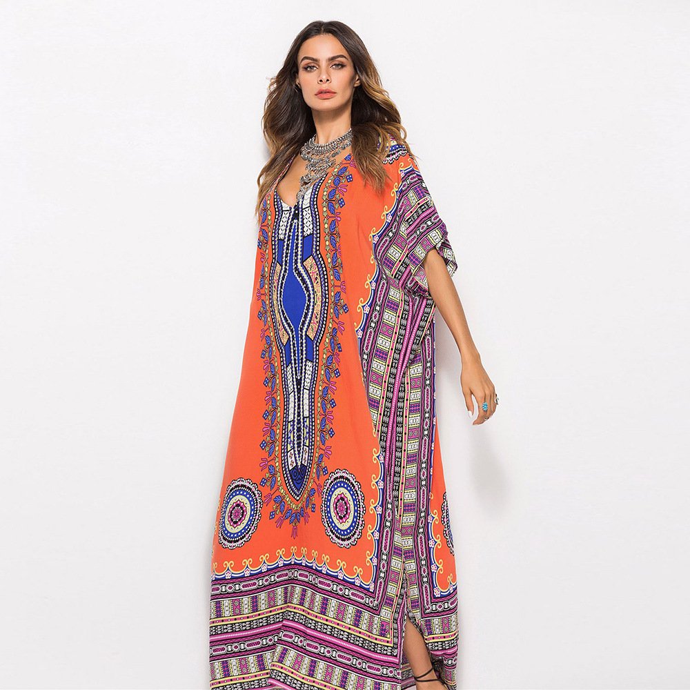 Women Plus Size Kaftan Dresses Summer Beach Casual Dresses Side Split Long Swimsuit Cover Ups with Print and Swim Dresses