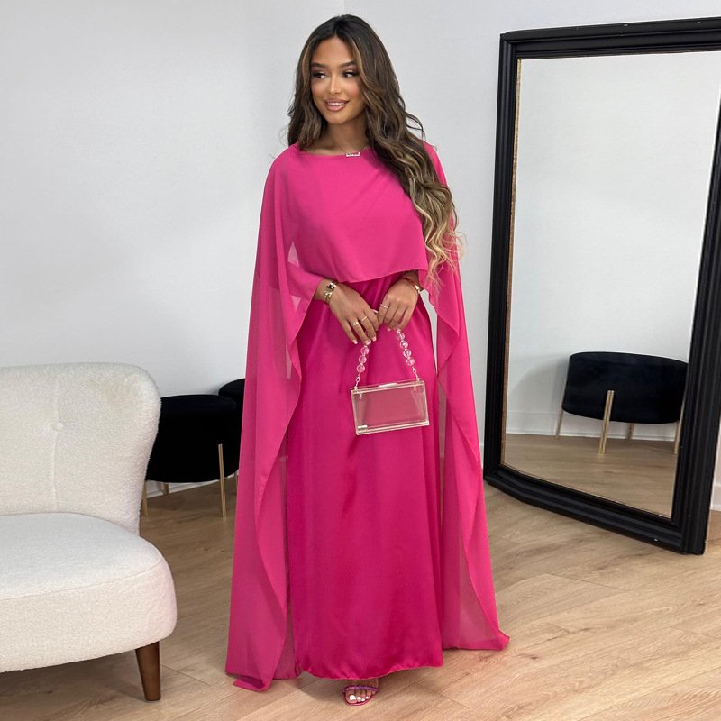 Elegant Casual Muslim Women's Round Neck Loose Swing Shawl Solid Chiffon Dress Bohemian Big Swing Long Dress Arabia Clothing