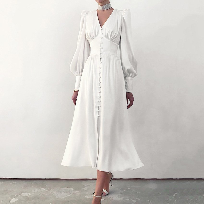 WanBao Casual Satin Dress Ruffle Boho Chic Women Puff Sleeve Longo Para Dama Mujer Elegantes Pleated Vestidos Largos