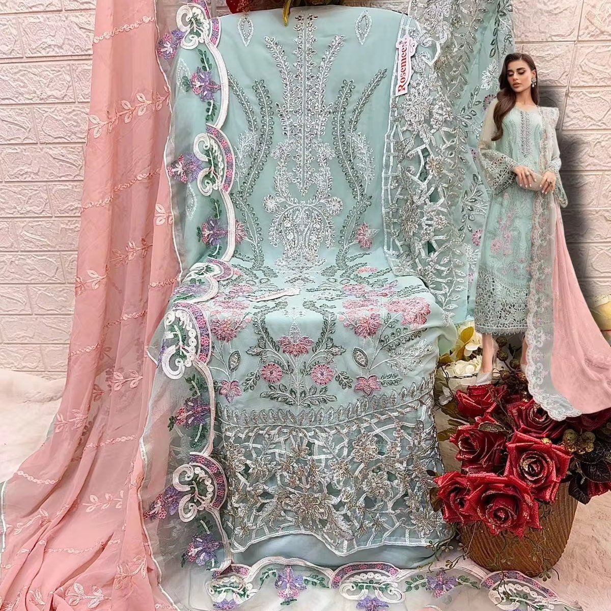 Elegant Georgette Embroidered Suit Set Rhinestone Sequin Diamonds Santoon Bottom Inner Georgette Dupatta Handwork Casual Dresses