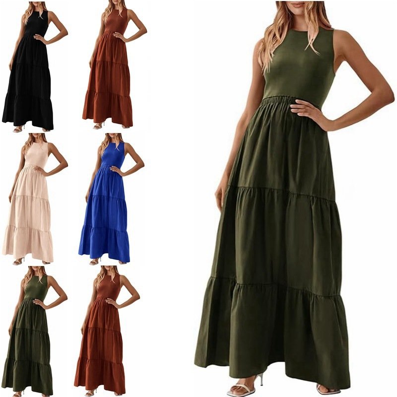 Elastane Cotton Crew Neck High Waist Polyester Pink Summer Long 2024 Women's Casual Sleeveless Style Dresses