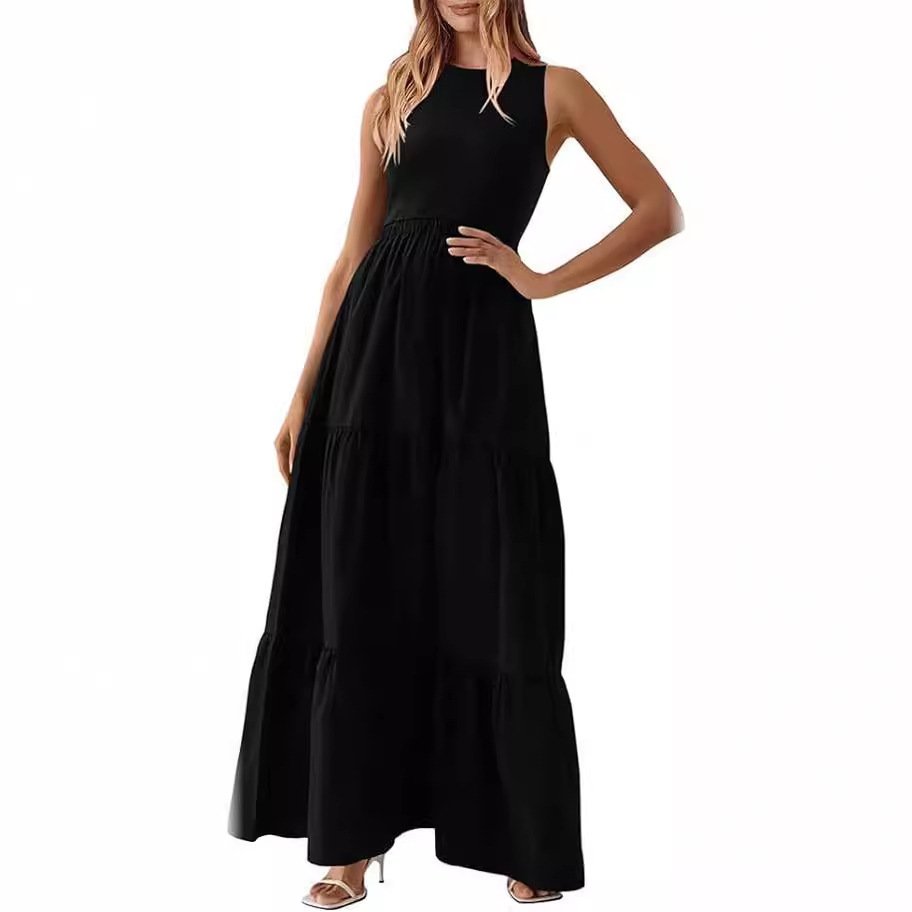 Elastane Cotton Crew Neck High Waist Polyester Pink Summer Long 2024 Women's Casual Sleeveless Style Dresses