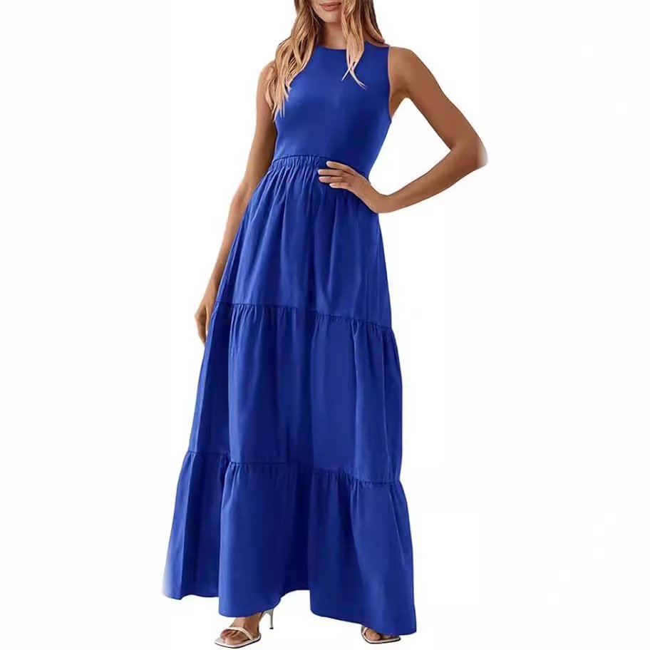 Elastane Cotton Crew Neck High Waist Polyester Pink Summer Long 2024 Women's Casual Sleeveless Style Dresses