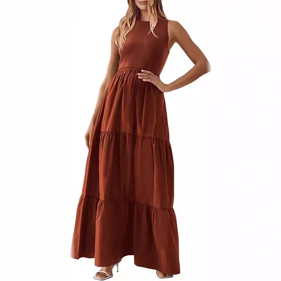 Elastane Cotton Crew Neck High Waist Polyester Pink Summer Long 2024 Women's Casual Sleeveless Style Dresses