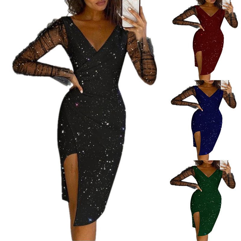 Wholesale Sexy Long Sleeve Pleated Dress Design Waist V Neck Elegant Party Dress