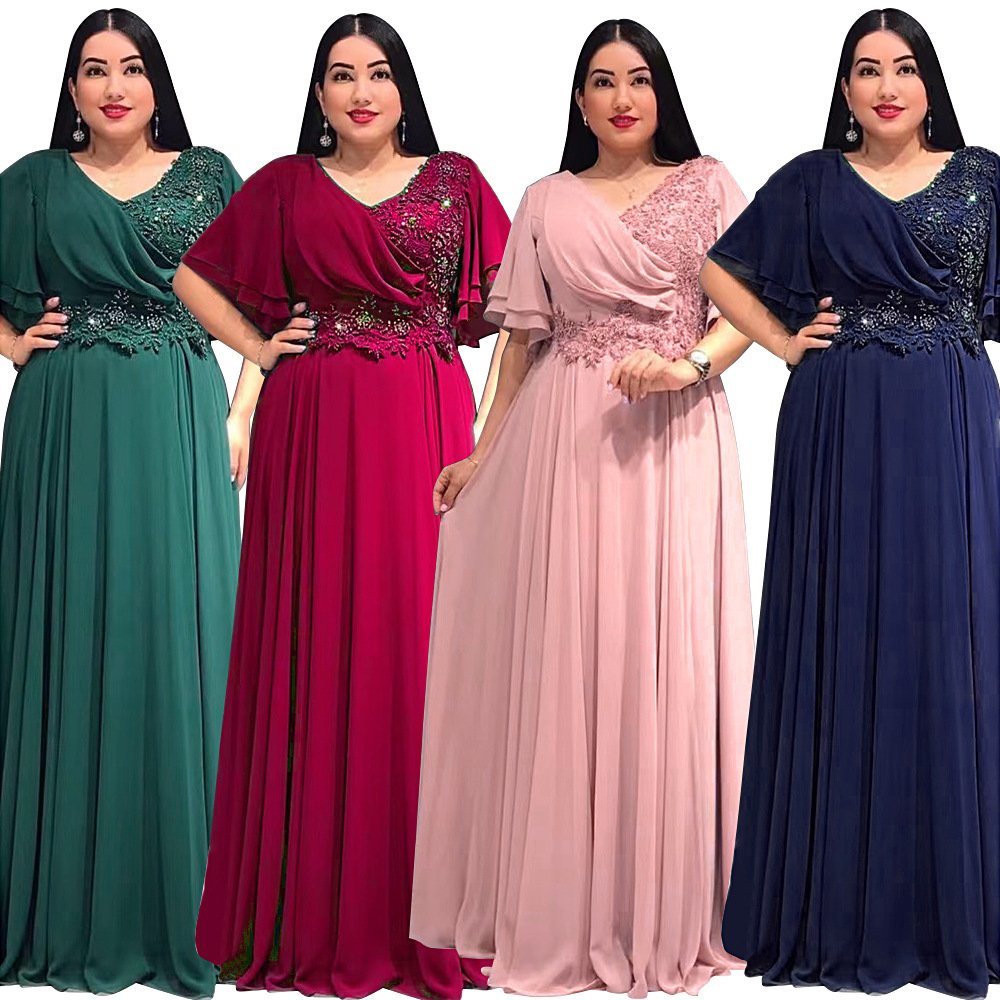 2024 European And American Muslim Women Chiffon Long Temperament Elegant Large Size Dress