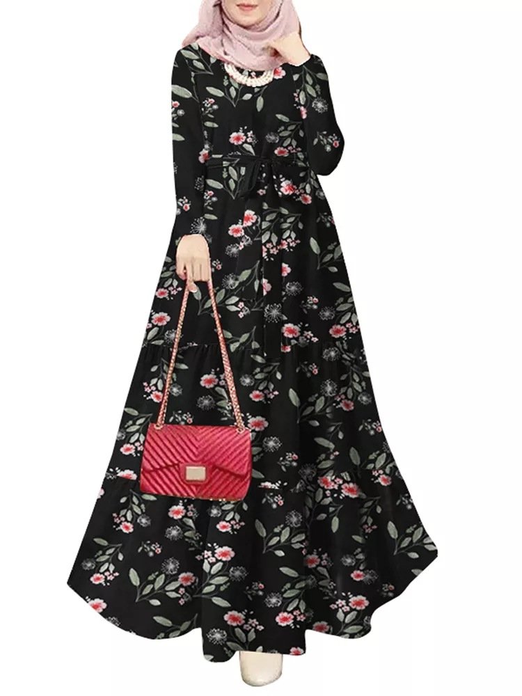 2022 New Muslim Women Long Dress Abaya Beautiful Printed Leaf Loose Pullover Dress Belt Muslim Abaya