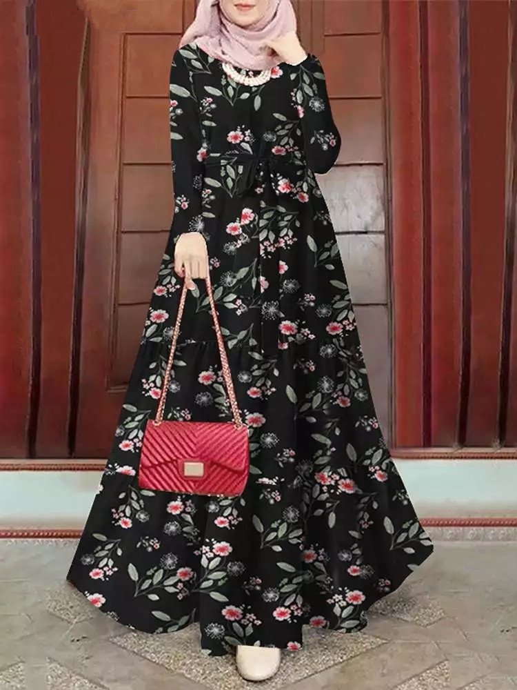 2022 New Muslim Women Long Dress Abaya Beautiful Printed Leaf Loose Pullover Dress Belt Muslim Abaya