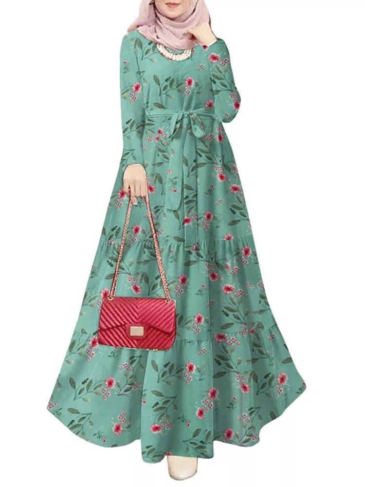 2022 New Muslim Women Long Dress Abaya Beautiful Printed Leaf Loose Pullover Dress Belt Muslim Abaya