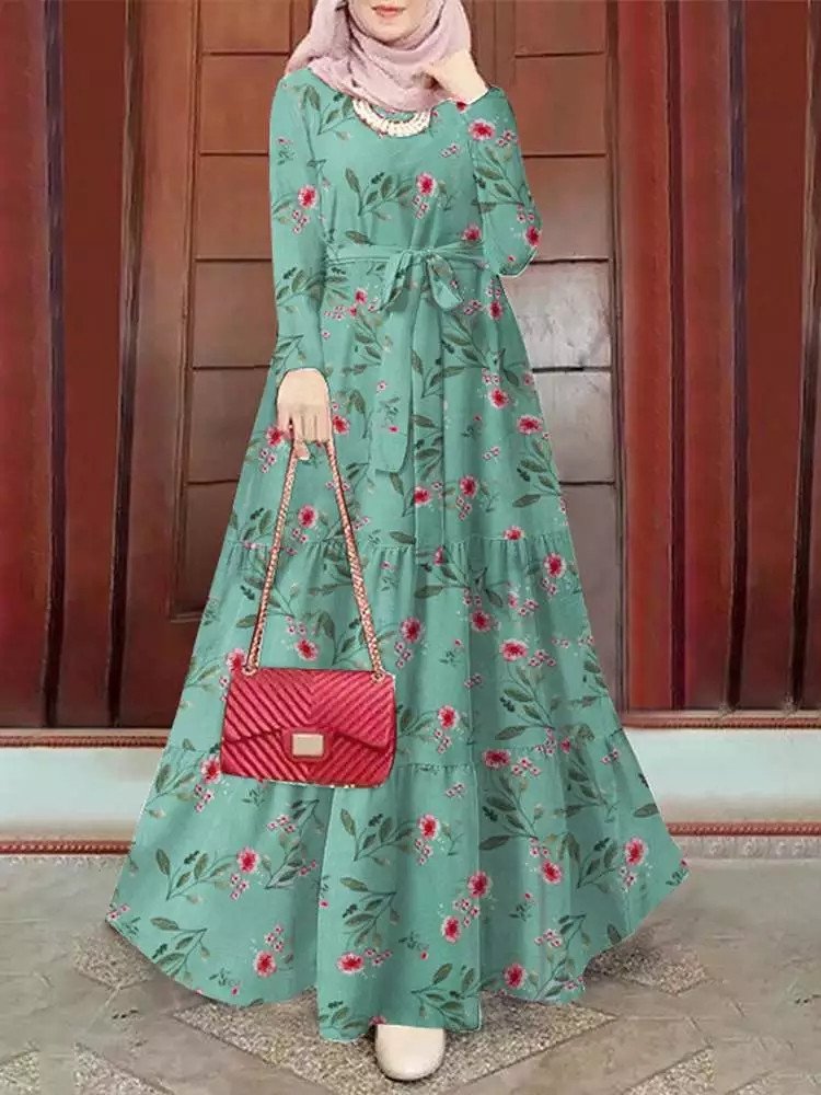 2022 New Muslim Women Long Dress Abaya Beautiful Printed Leaf Loose Pullover Dress Belt Muslim Abaya