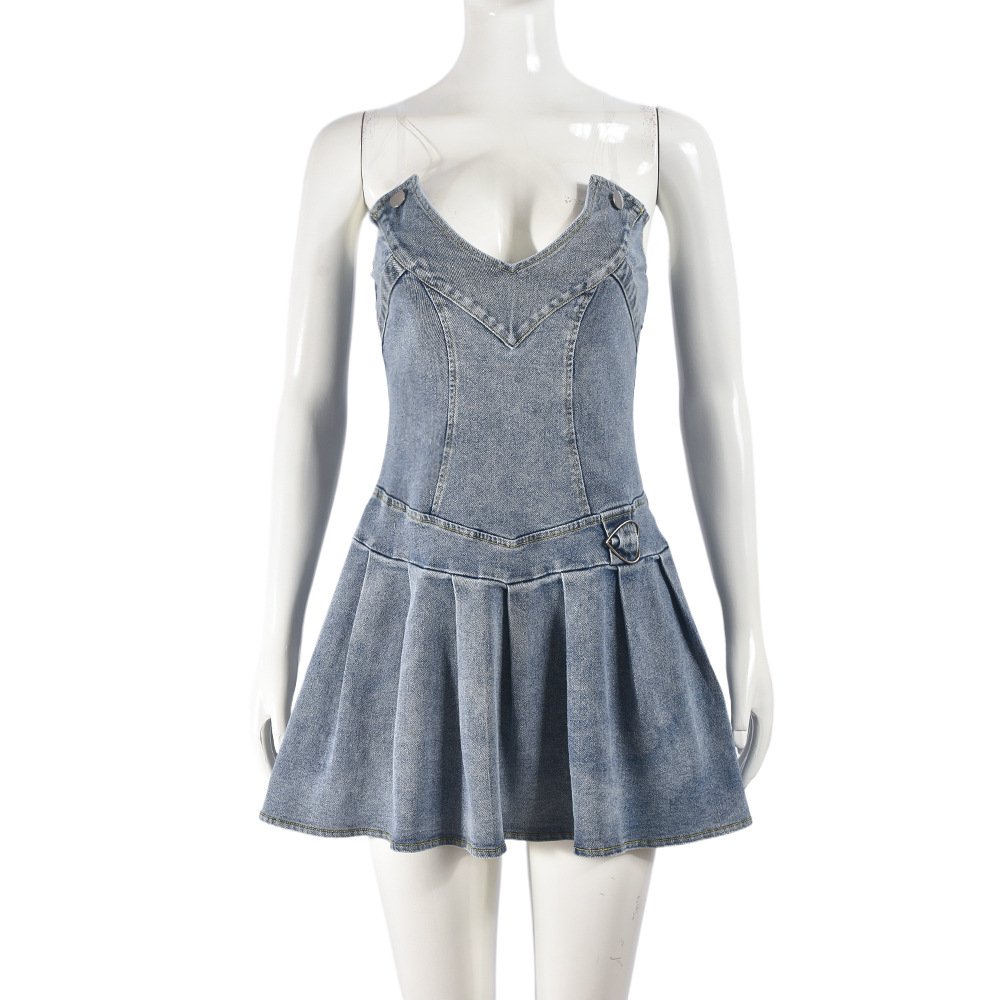 2024 Summer High Quality Vintage Jean Dresses Denim Pleated Sleeveless Off Shoulder Mini Dress For Women