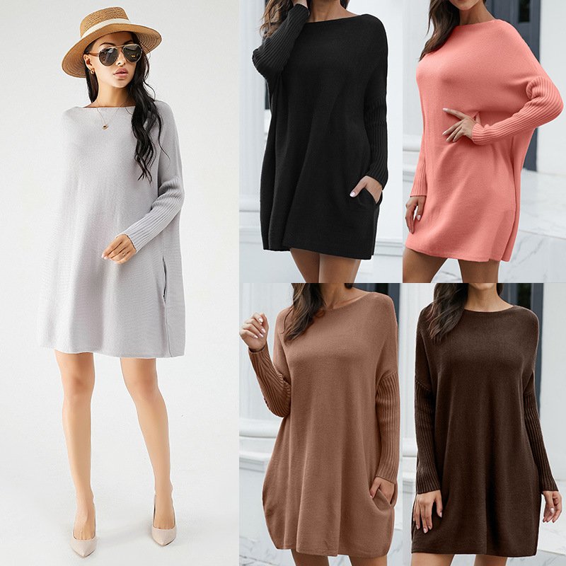 Soiling Hot sales women Elegant loose knitwear custom logo solid color Casual sweater maternity knitted long sleeve dress