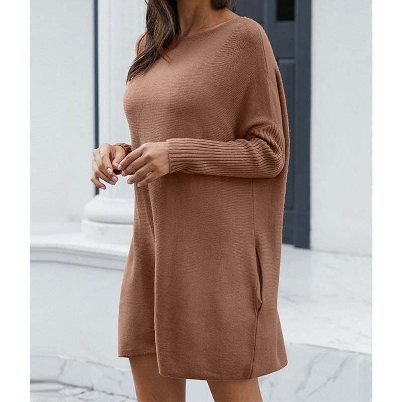 Soiling Hot sales women Elegant loose knitwear custom logo solid color Casual sweater maternity knitted long sleeve dress