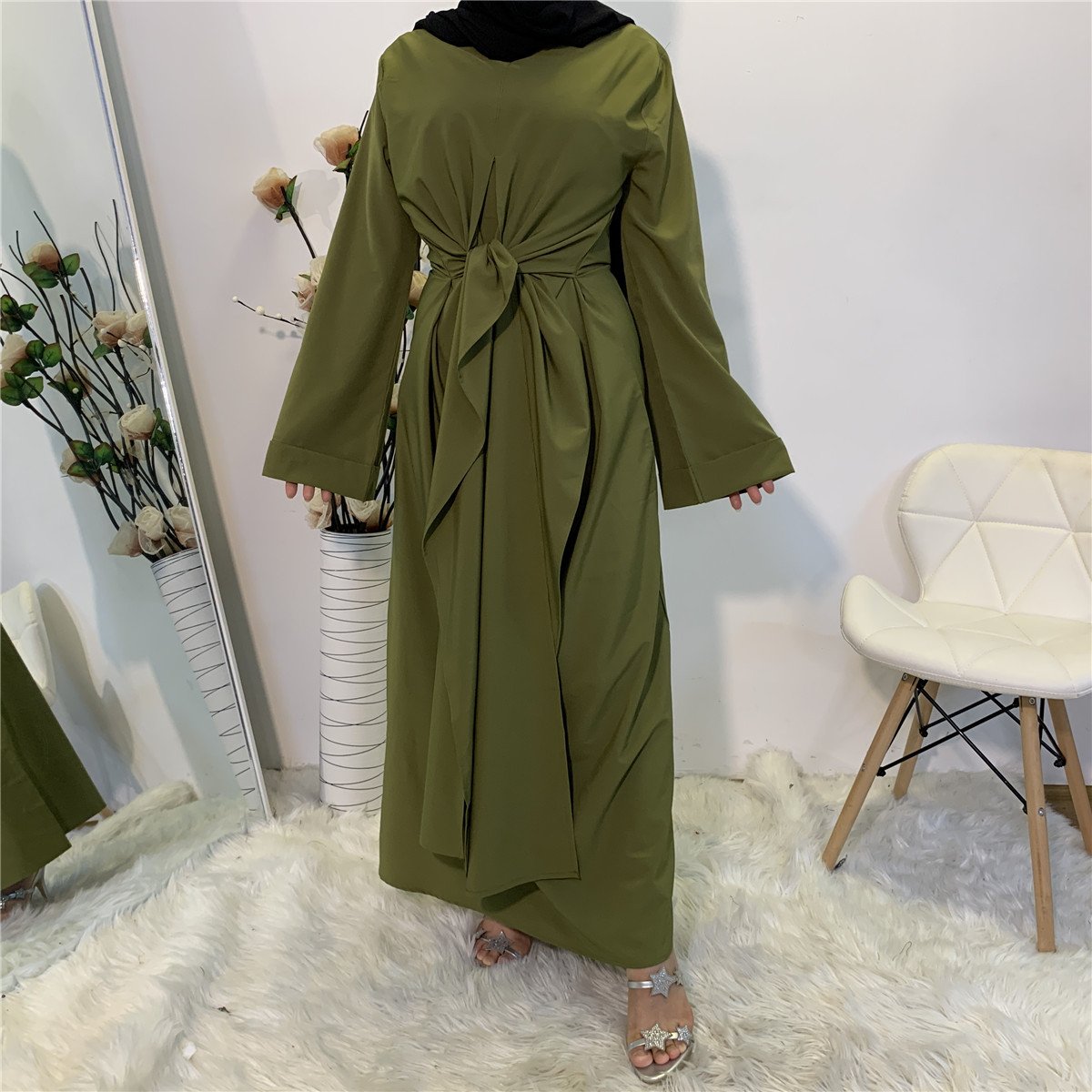 Muslim Women Middle East Dubai Abaya Islamic Clothing Caftan Dress Abaya tied straps, Middle Eastern Dubai robe maxi dress