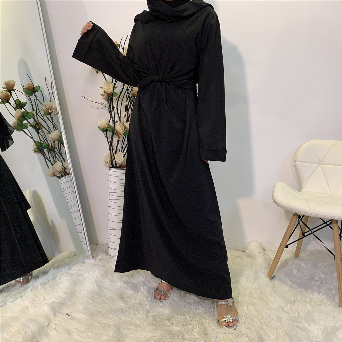 Muslim Women Middle East Dubai Abaya Islamic Clothing Caftan Dress Abaya tied straps, Middle Eastern Dubai robe maxi dress
