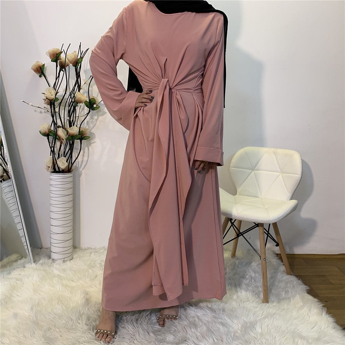 Muslim Women Middle East Dubai Abaya Islamic Clothing Caftan Dress Abaya tied straps, Middle Eastern Dubai robe maxi dress