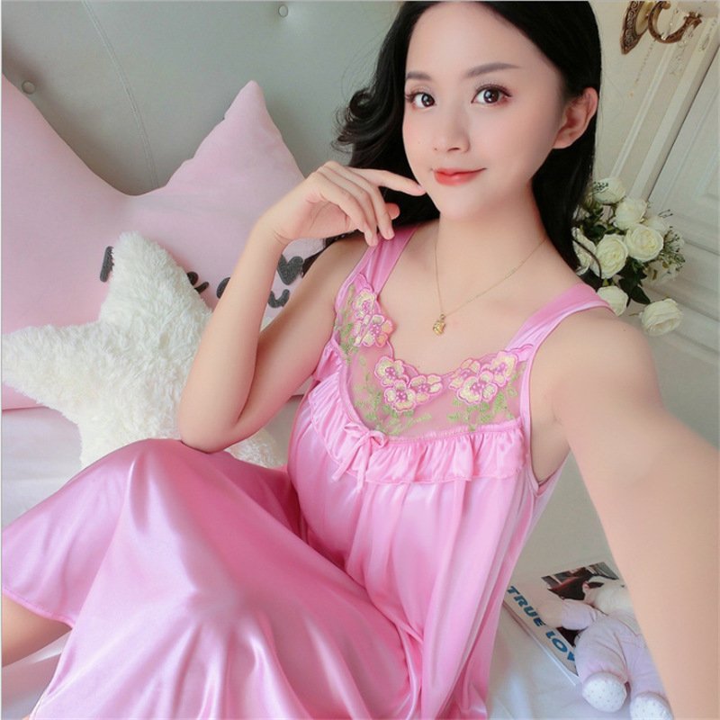 Hot selling fashion women's pajamas new summer ice silk nightdress silk MIDI skirt sexy casual dress with halter