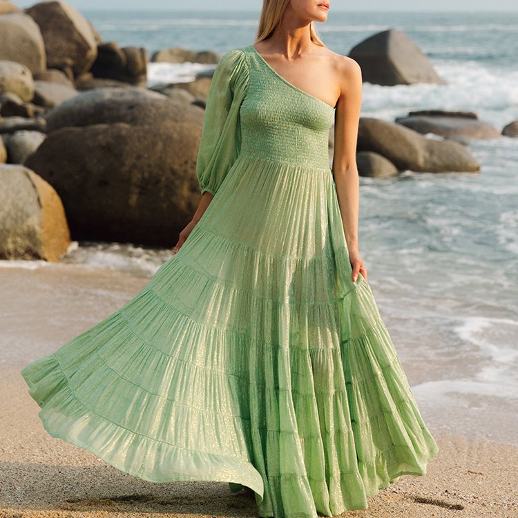 Bohemian One Shoulder 3/4 Sleeve Maxi Tower Skirt Boho Women Summer Casual Maxi Elegant Beach Bohemian Ladies Dresses