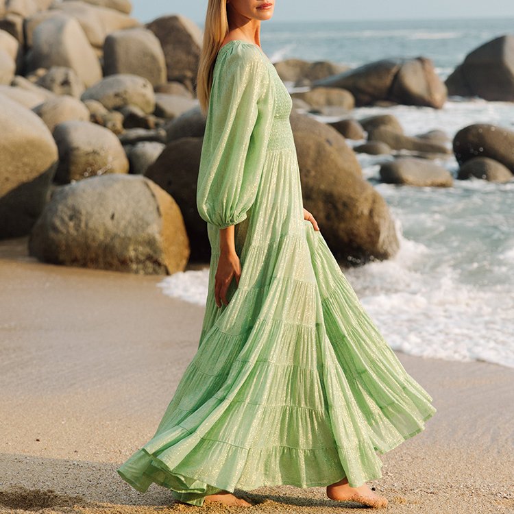 Bohemian One Shoulder 3/4 Sleeve Maxi Tower Skirt Boho Women Summer Casual Maxi Elegant Beach Bohemian Ladies Dresses