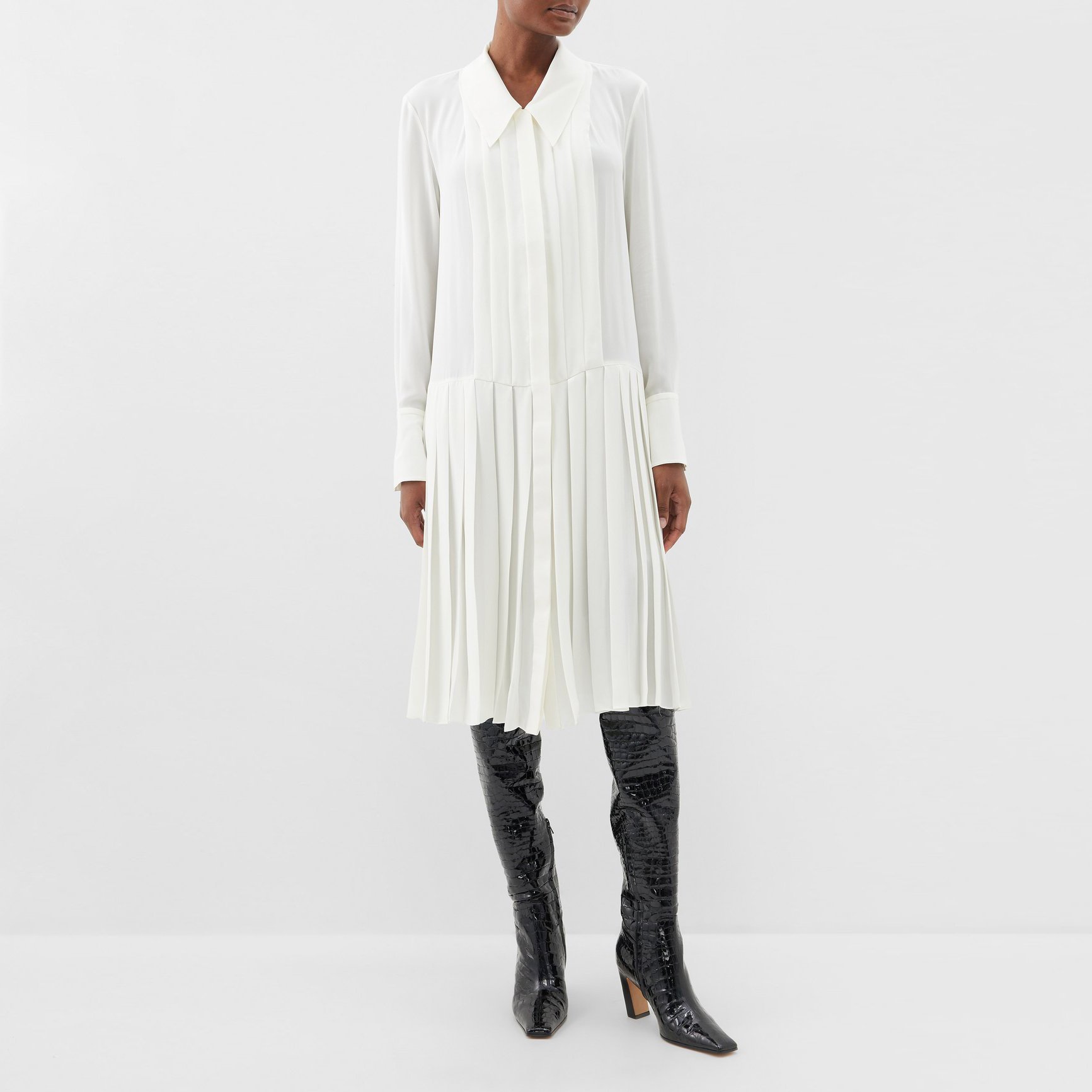New Arrivals Button Point Collar Long Sleeve Official Maxi Dresses Women Casual Pleated Silk Minimalist Shirt Dress