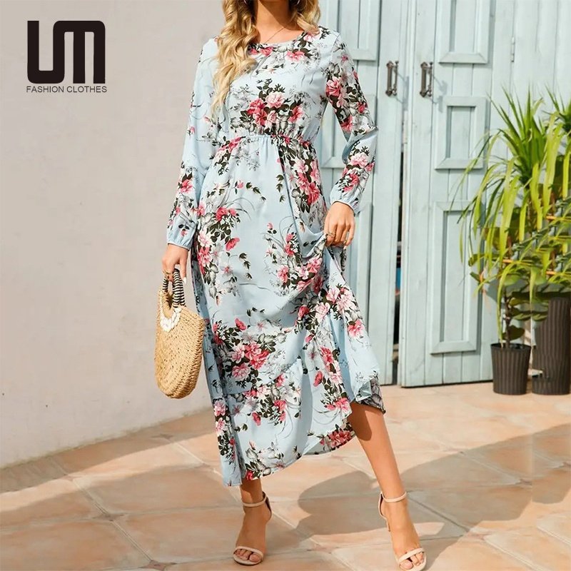 Liu Ming Hot Selling Elegant 2024 Trending Women Casual Floral Printed Long Sleeve Ladies High Waist A Line Beach Dresses