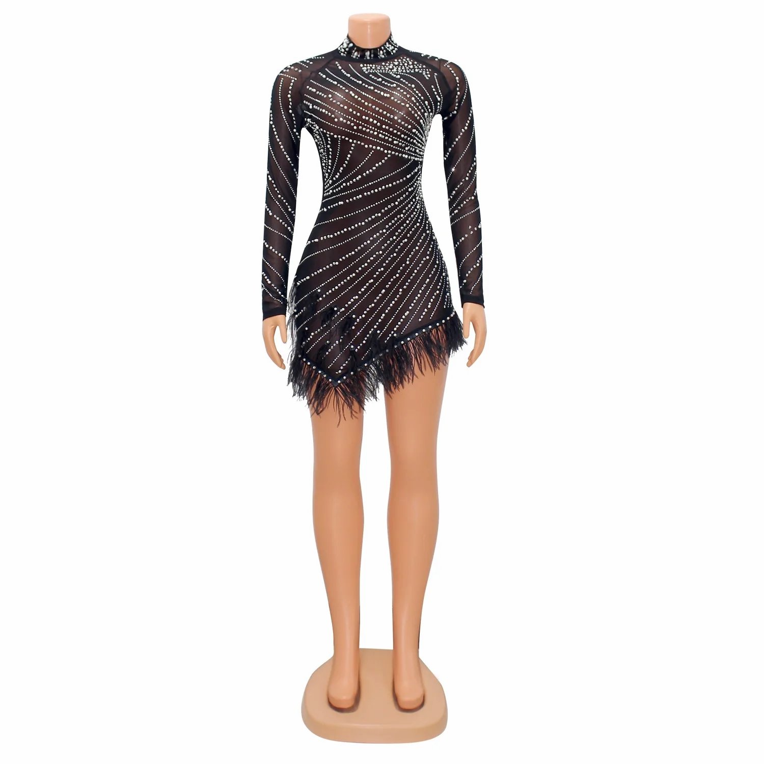 D0804TD01 2023 Hot Style Party Sexy Turtle Neck Bodycon Club Mesh Beading Dress For Women Sehe Fashion