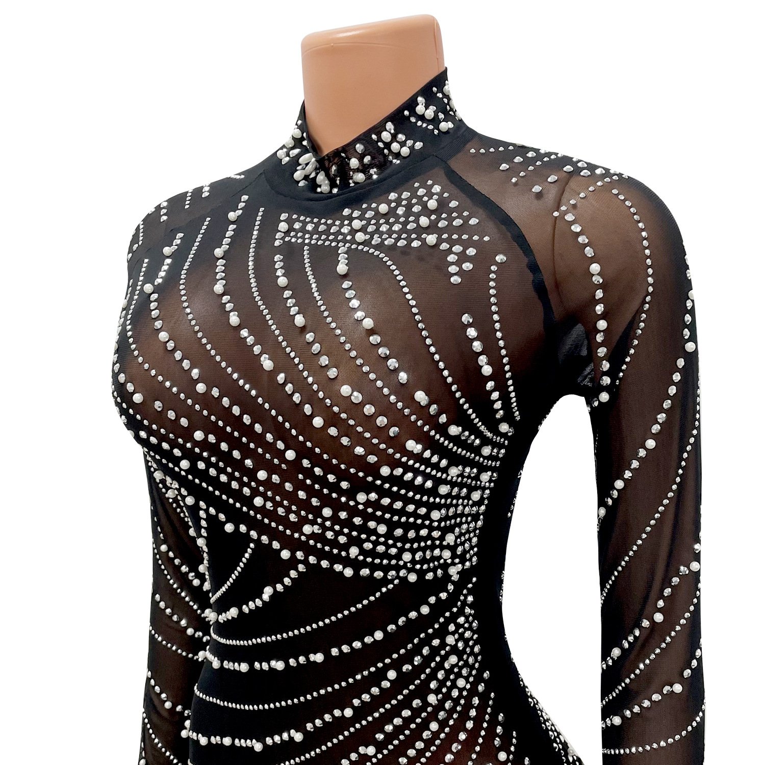 D0804TD01 2023 Hot Style Party Sexy Turtle Neck Bodycon Club Mesh Beading Dress For Women Sehe Fashion