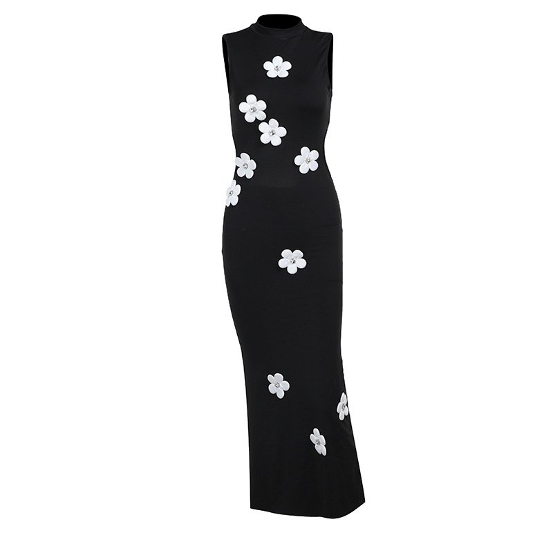 2024 New Arrivals Elegant Black Floral Satin Backless Bodycon Dress Women High Quality Wrap Dress Club Featuring Solid Back