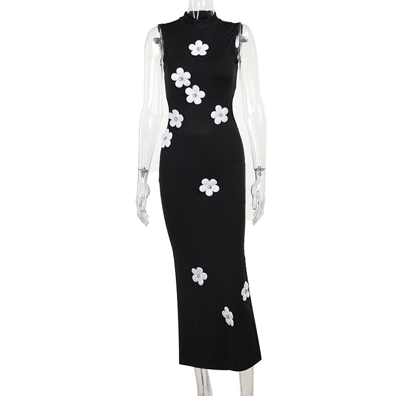 2024 New Arrivals Elegant Black Floral Satin Backless Bodycon Dress Women High Quality Wrap Dress Club Featuring Solid Back