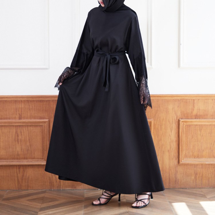 Girls Long Muslim Dress For Women Islamic Clothing Black Satin Modest Muslim Dress For Women Casual