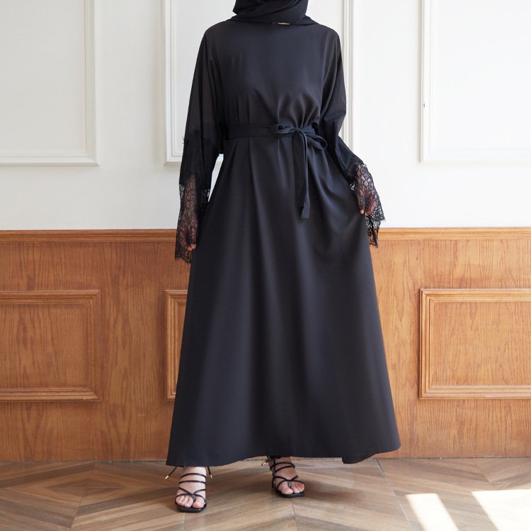 Girls Long Muslim Dress For Women Islamic Clothing Black Satin Modest Muslim Dress For Women Casual
