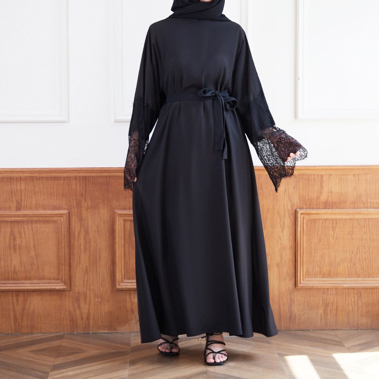 Girls Long Muslim Dress For Women Islamic Clothing Black Satin Modest Muslim Dress For Women Casual