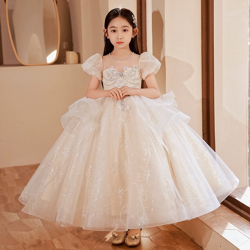 Children's Dress Skirt Flower Girls Wedding Little Girl Lace Princess Dress Fluffy Yarn Girl Host Piano Playing Evening Dress
