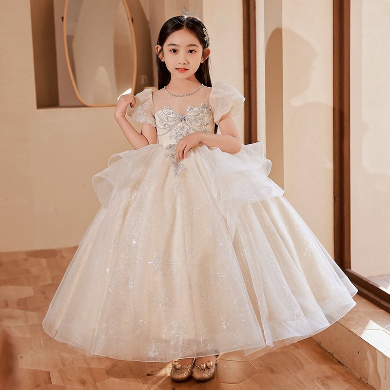 Children's Dress Skirt Flower Girls Wedding Little Girl Lace Princess Dress Fluffy Yarn Girl Host Piano Playing Evening Dress