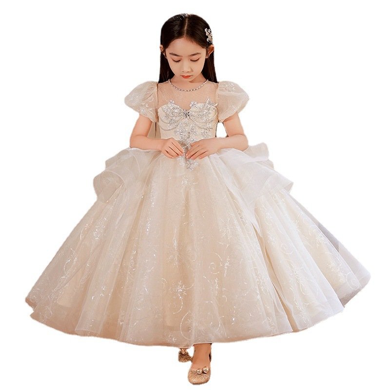Children's Dress Skirt Flower Girls Wedding Little Girl Lace Princess Dress Fluffy Yarn Girl Host Piano Playing Evening Dress