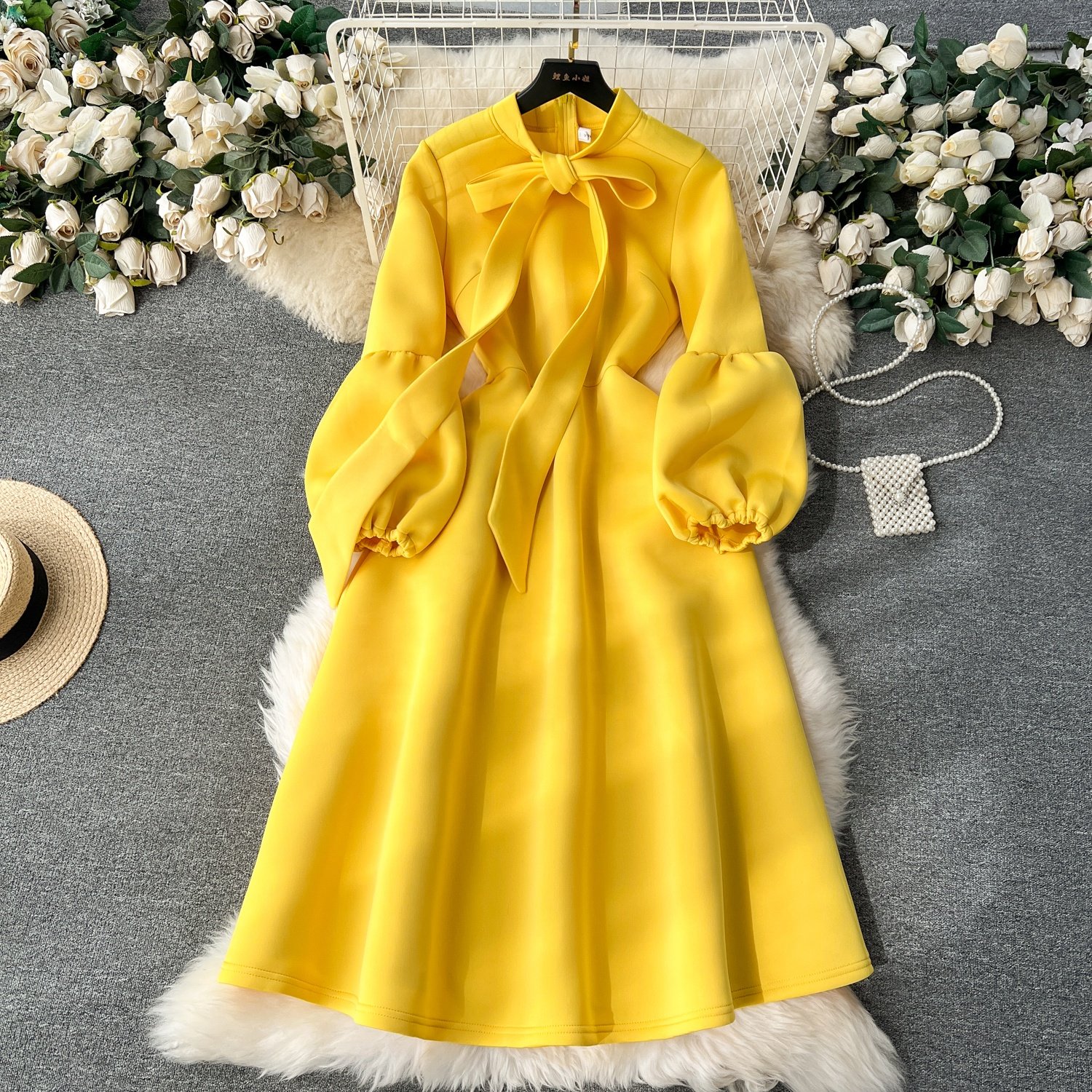 Women Fashion Bow Tie Lantern Long Sleeve Waisted Party Dresses