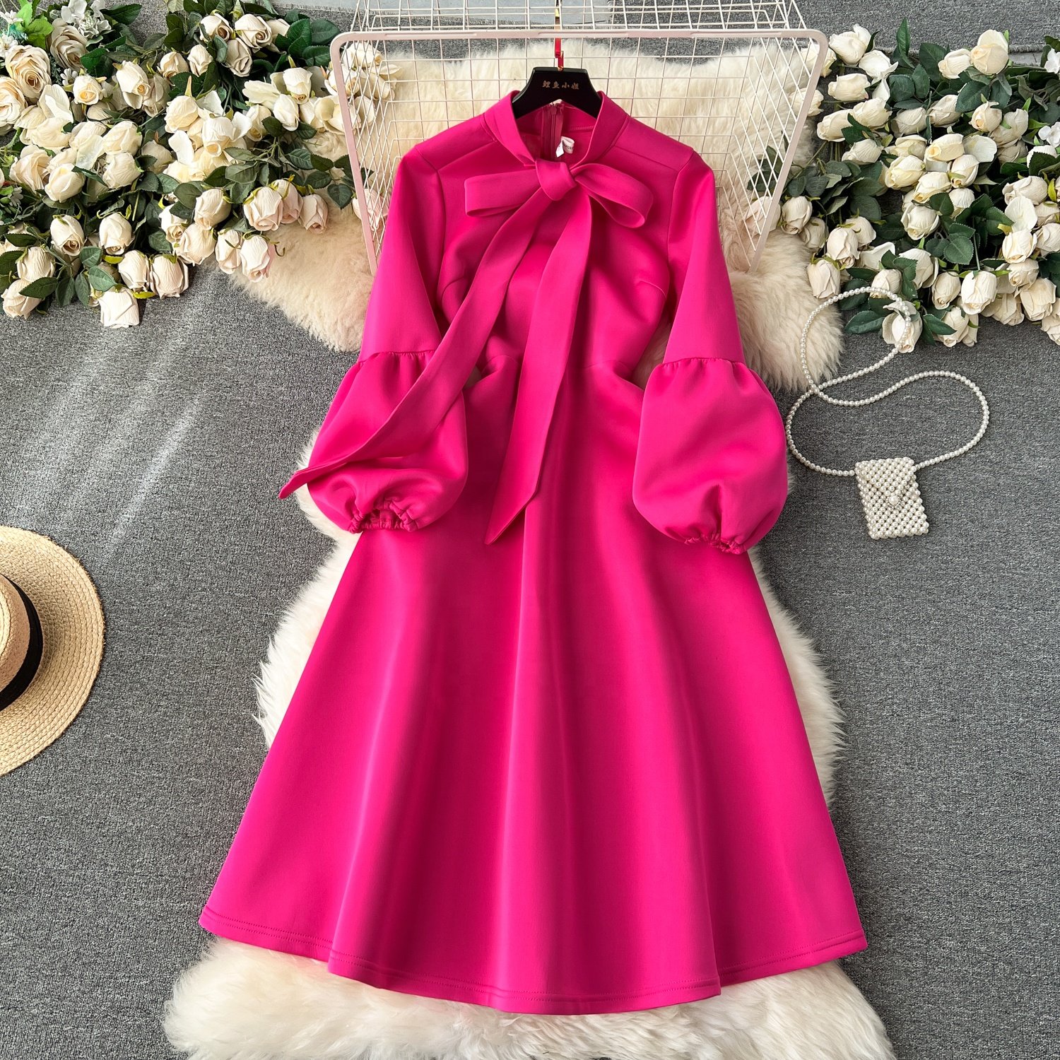 Women Fashion Bow Tie Lantern Long Sleeve Waisted Party Dresses