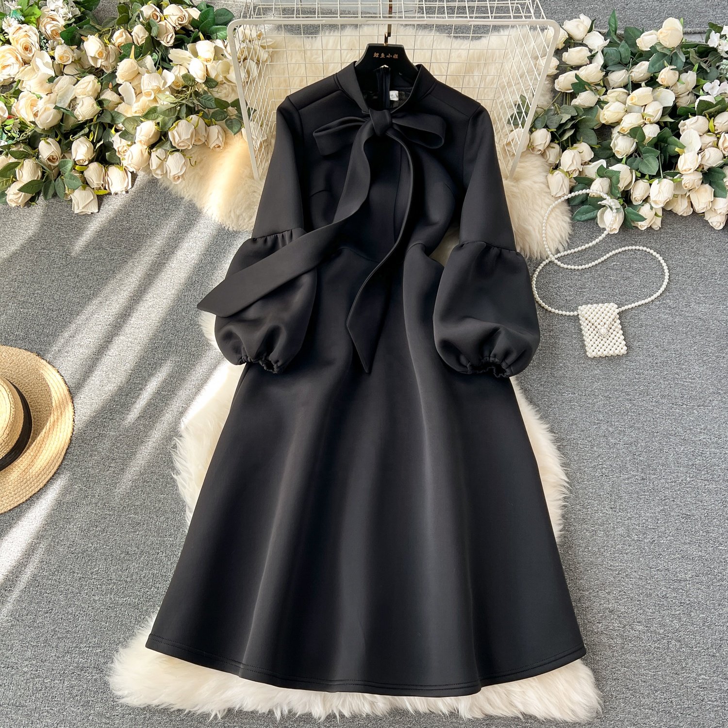 Women Fashion Bow Tie Lantern Long Sleeve Waisted Party Dresses