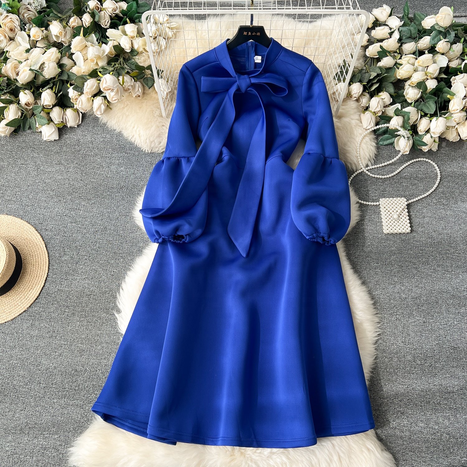 Women Fashion Bow Tie Lantern Long Sleeve Waisted Party Dresses