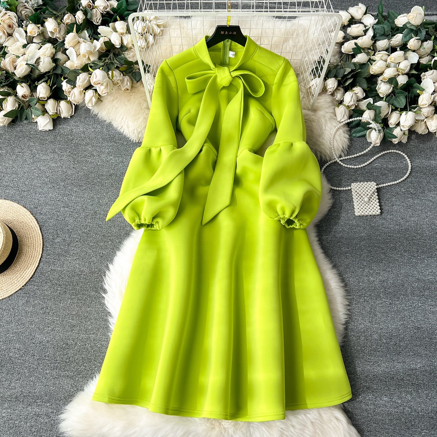 Women Fashion Bow Tie Lantern Long Sleeve Waisted Party Dresses