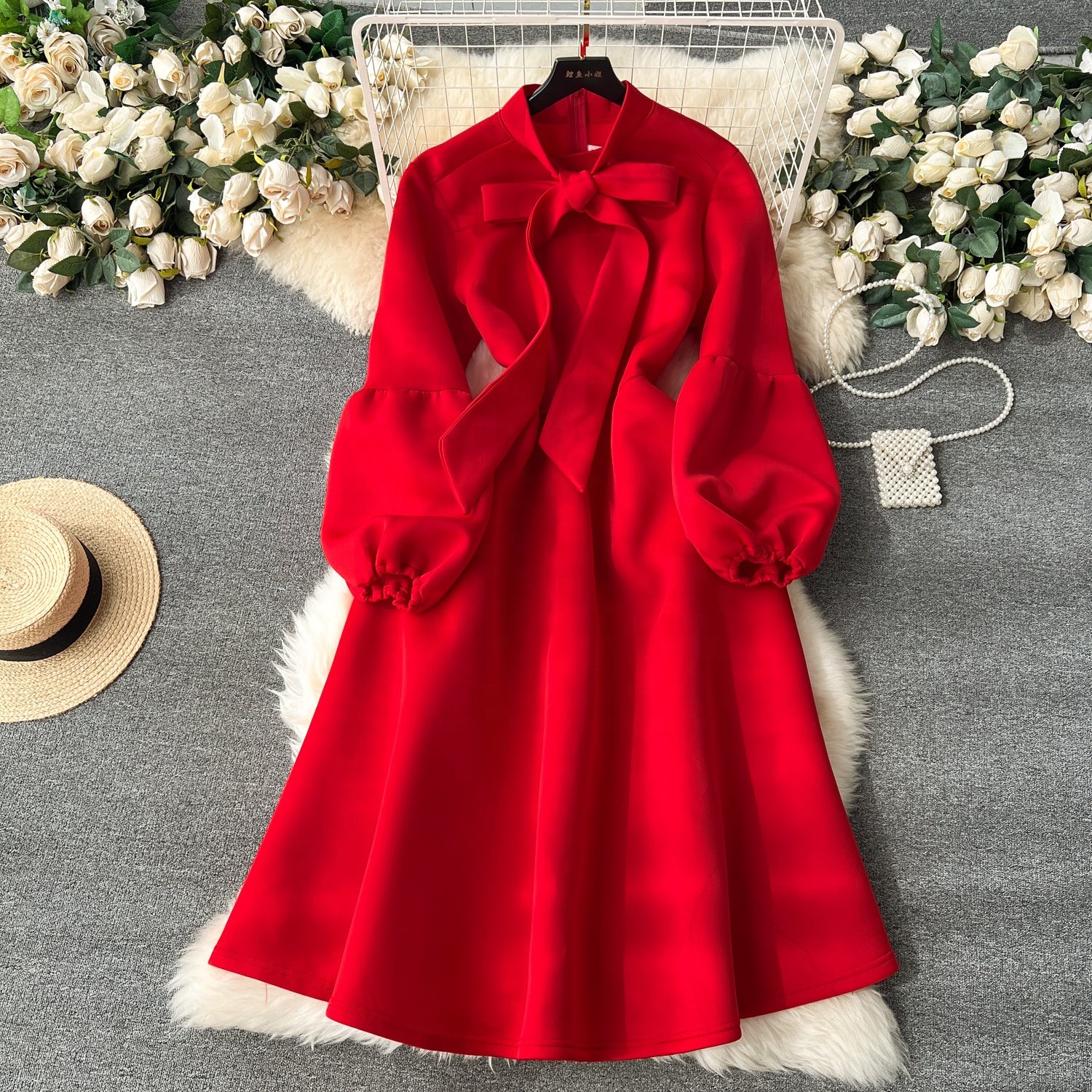 Women Fashion Bow Tie Lantern Long Sleeve Waisted Party Dresses