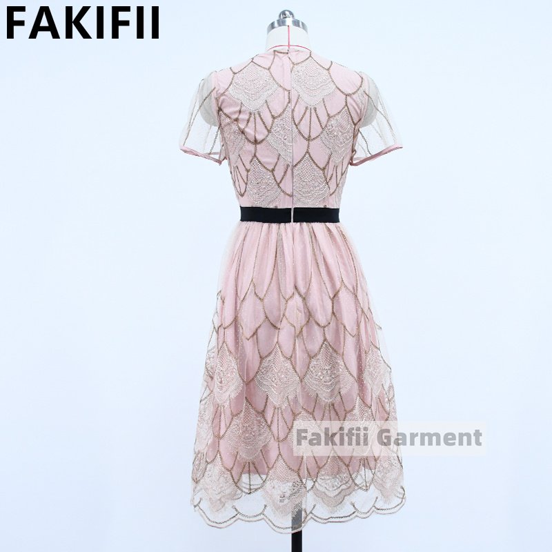 A Wholesale New Arrival 2024 Summer Fashion Pink Mesh Positional Floral Embroidery Party Casual Dress Women Elegant Prom Dresses