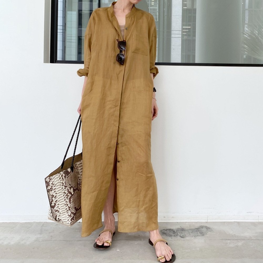 Boutique Wholesale Korean Style Dress Female Fashion Casual Long Sleeve Spring and Summer New Solid Color Linen Women's Dress