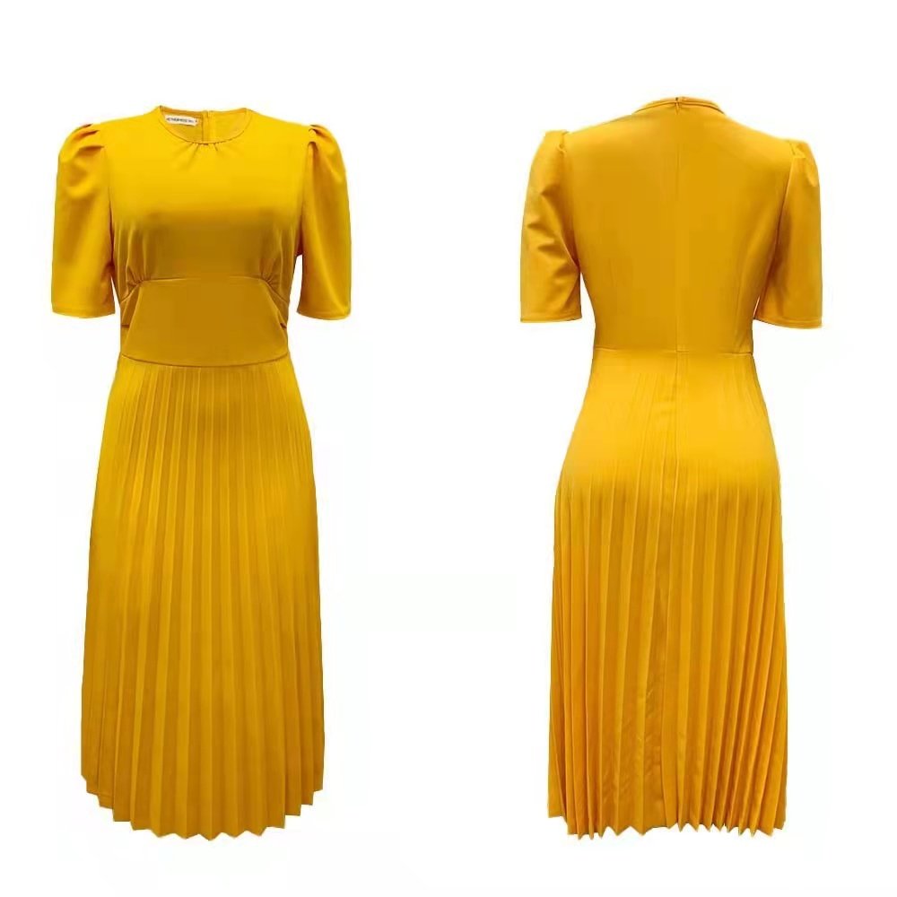 New arrival Hot sell summer solid color ladies career dresses puff sleeve casual dresses plus size pleated womens dresses