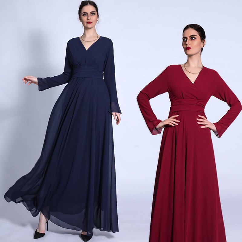 High Quality Islamic Muslim Evening Dress Modest V-neck Abaya Dress Solid Color Soft Chiffon Long Sleeve Muslim Dress for women