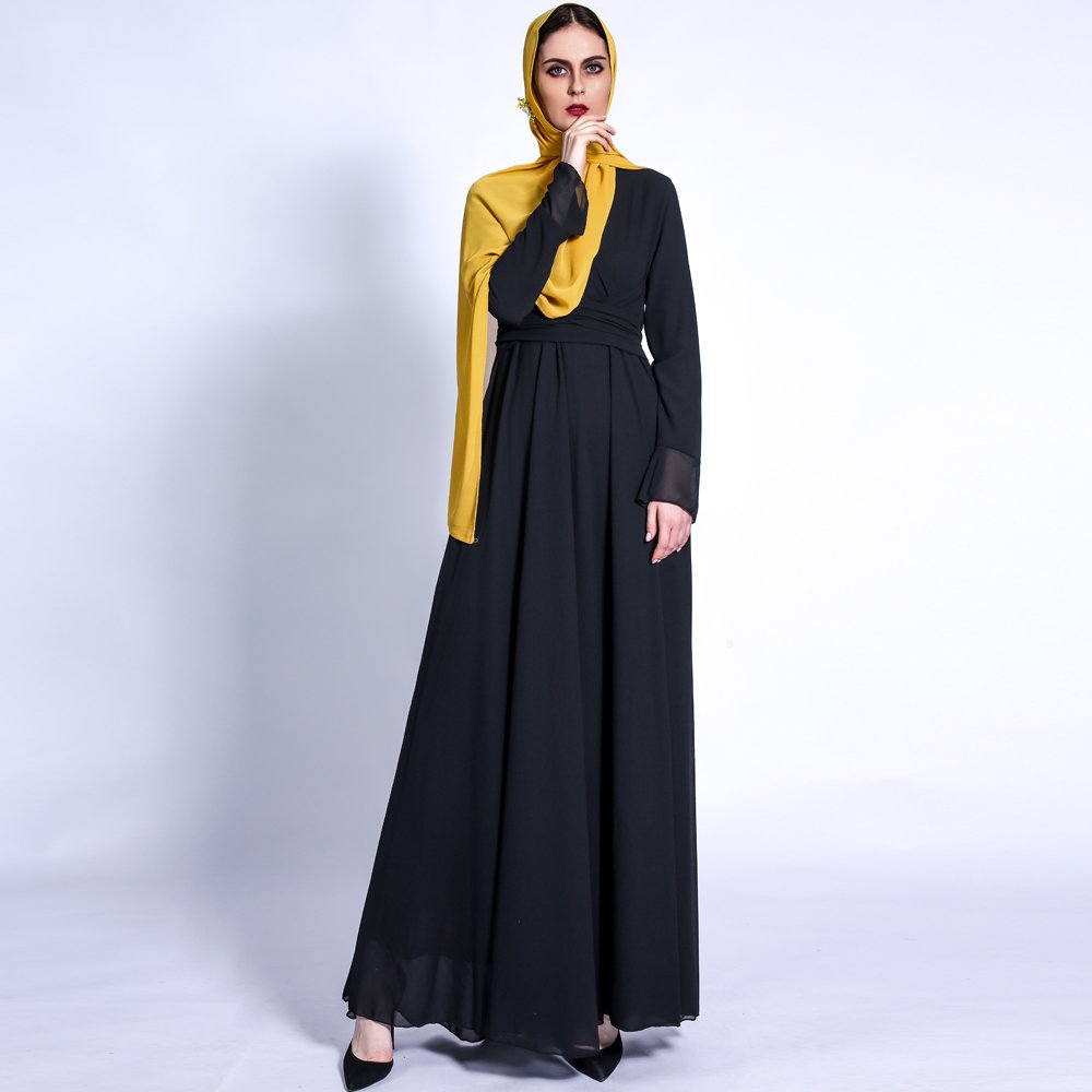 High Quality Islamic Muslim Evening Dress Modest V-neck Abaya Dress Solid Color Soft Chiffon Long Sleeve Muslim Dress for women