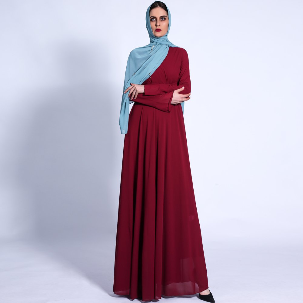 High Quality Islamic Muslim Evening Dress Modest V-neck Abaya Dress Solid Color Soft Chiffon Long Sleeve Muslim Dress for women